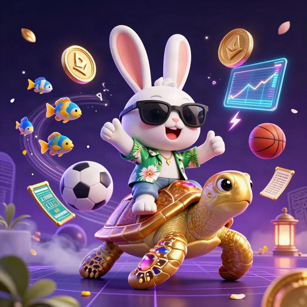 Lucky rabbit on jeweled turtle with coins and sports balls in neon casino light