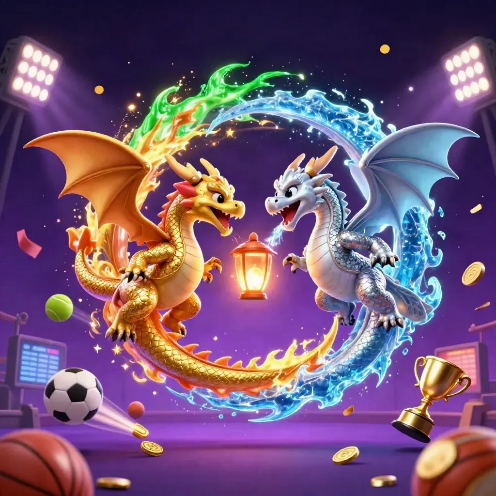 Gold and silver dragons swirl with fire and ice amid sports balls, coins, trophy and neon casino lights.