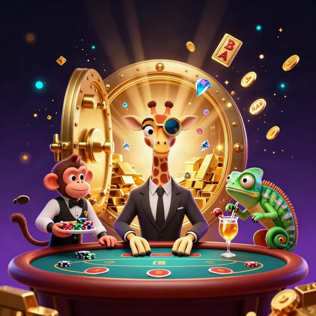 Giraffe high roller, monkey valet, and chameleon bartender amid vault gold and gems in casino glow.