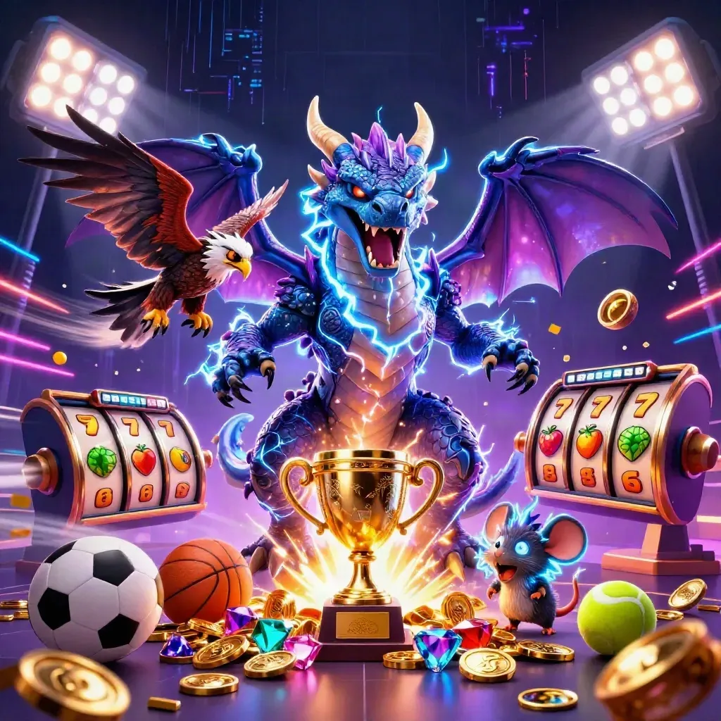 Thunder dragon, wind hawk, and thunder-mouse amid coins, gems, sports balls, and neon casino sparks.