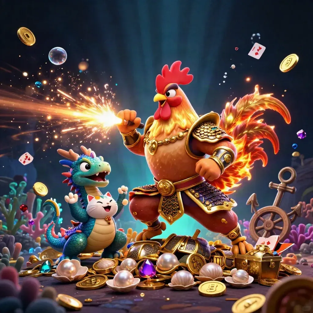 Rooster warrior, dragon hatchling, and fortune cat in a glowing treasure cove with coins and gems