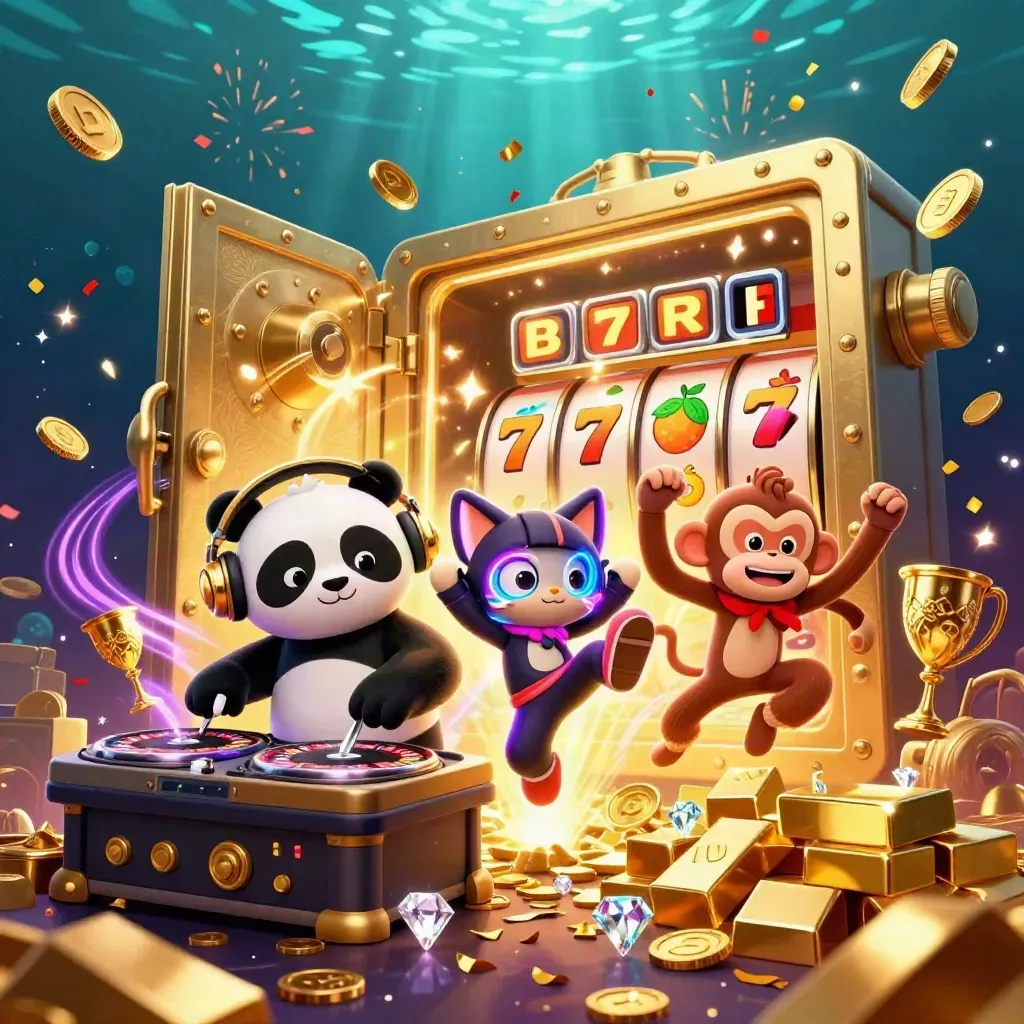 DJ panda, breakdancing monkey, and glow-stick kitten celebrate a vault full of gold and fireworks