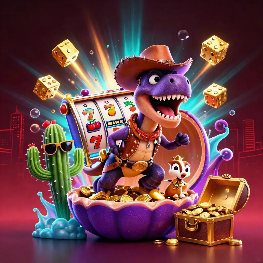 Cowboy T-Rex, cactus sidekick, and sheriff roadrunner burst from a slot machine with gold and neon glow.